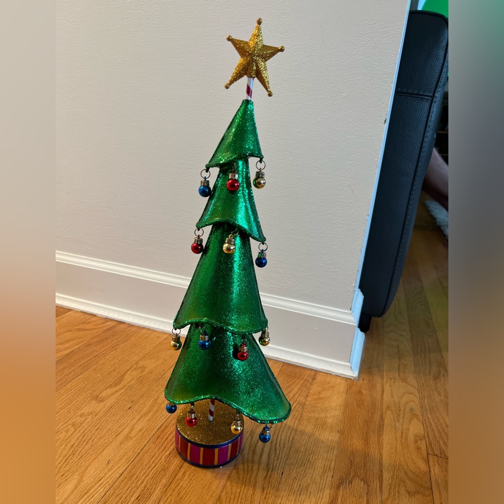 Festive Green Holiday Tree with Ornaments whimsical metal